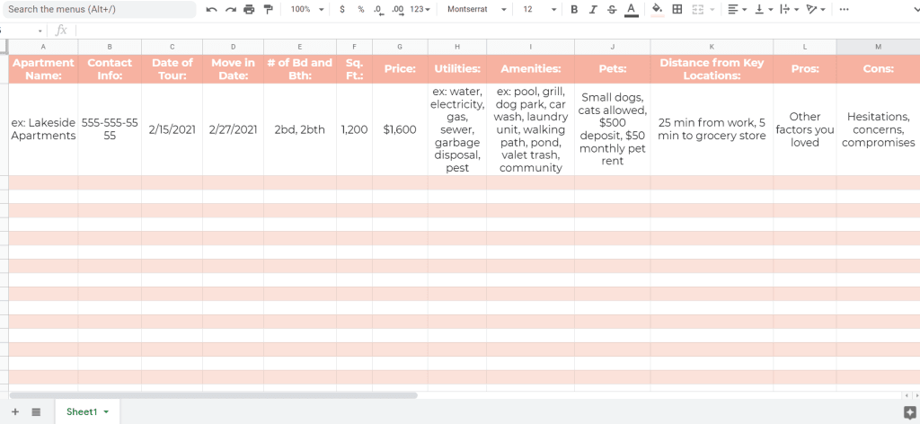 The Easiest Apartment Hunting Spreadsheet for New Renters Little